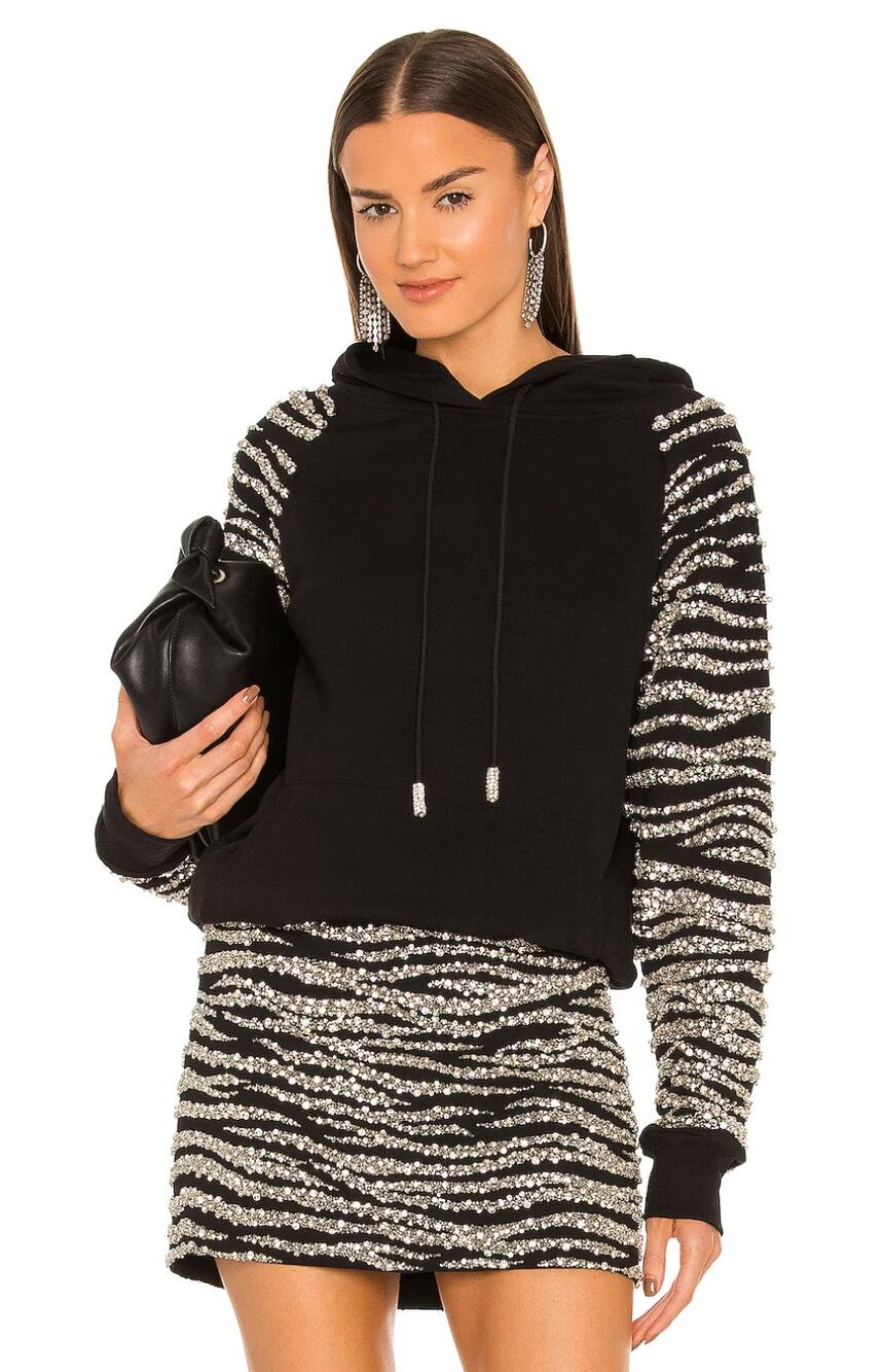 Retrofete Black Isa Crystal Jeweled Beaded Sleeve Hoodie Sweatshirt Large